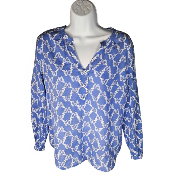 TALBOTS Petite Butterfly Print Cotton Tunic Blouse Shirt Size Small Blue White - Picture 2 of 12